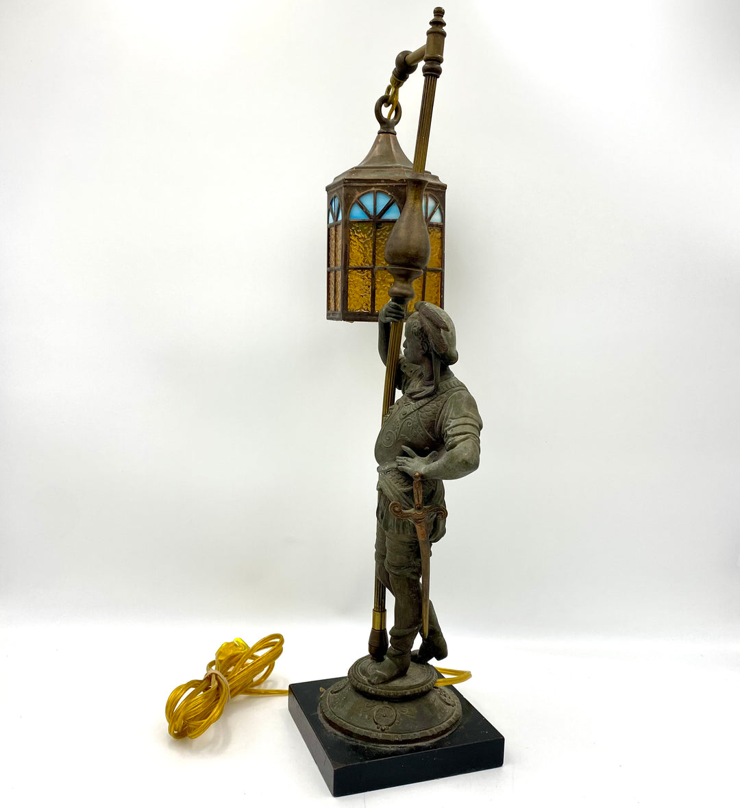 u875 Antique Brass/Bronze Soldier Holding Lantern Statue Sculpture On Heavy Base