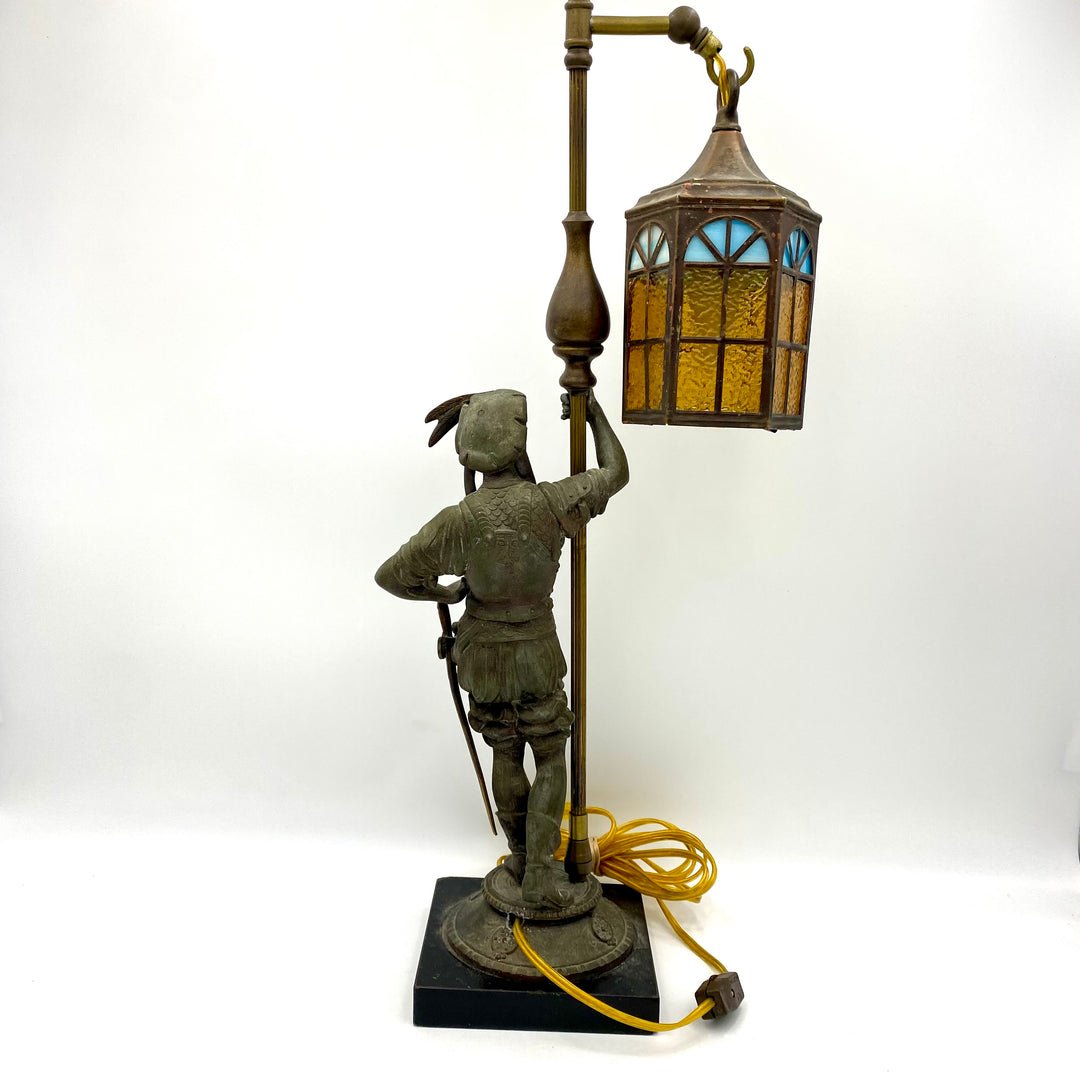 u875 Antique Brass/Bronze Soldier Holding Lantern Statue Sculpture On Heavy Base