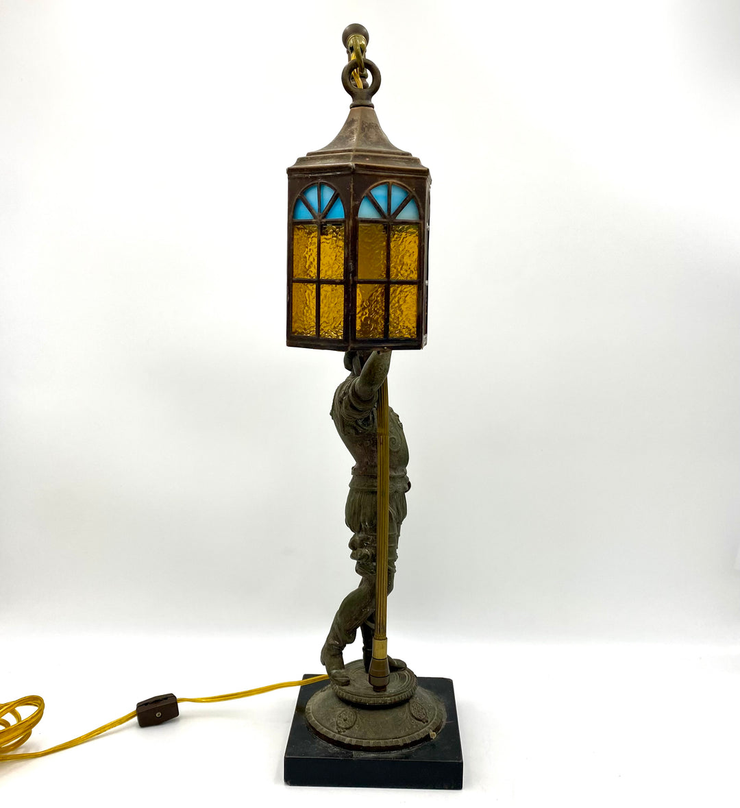 u875 Antique Brass/Bronze Soldier Holding Lantern Statue Sculpture On Heavy Base