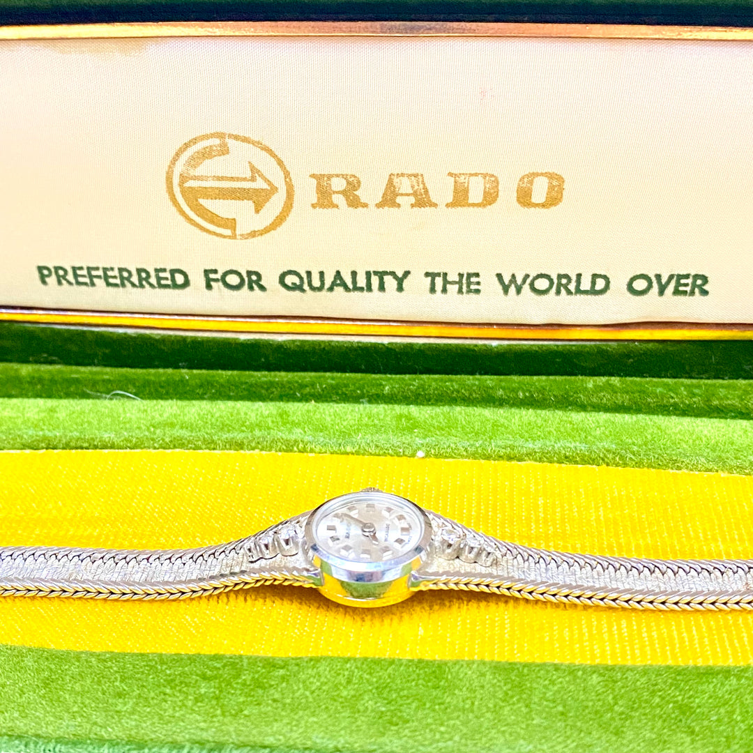 u876 RADO Vintage Swiss Made 18k White Gold Mechanical .09cts. Diamond Wrist Watch