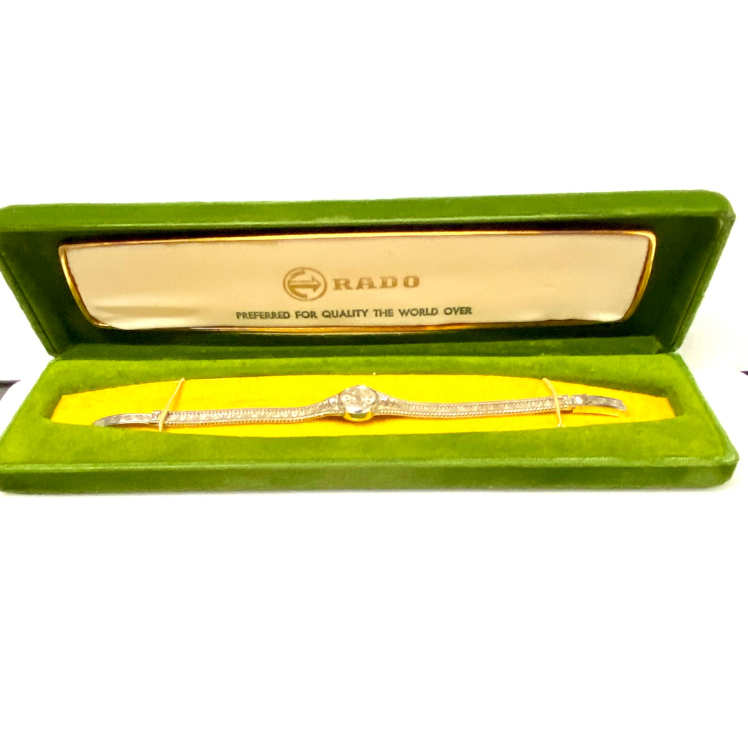 u876 RADO Vintage Swiss Made 18k White Gold Mechanical .09cts. Diamond Wrist Watch