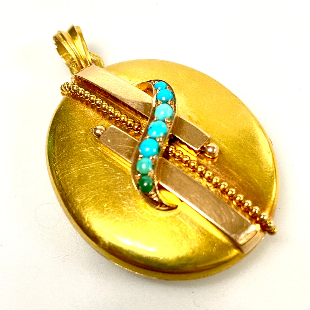 u880 Vintage 14k Yellow Gold Blue Turquoise Elegant Oval Pendant Locket Picture