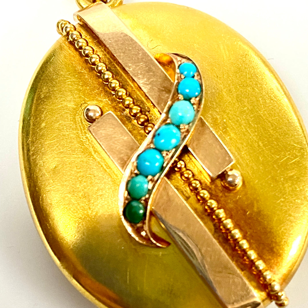u880 Vintage 14k Yellow Gold Blue Turquoise Elegant Oval Pendant Locket Picture