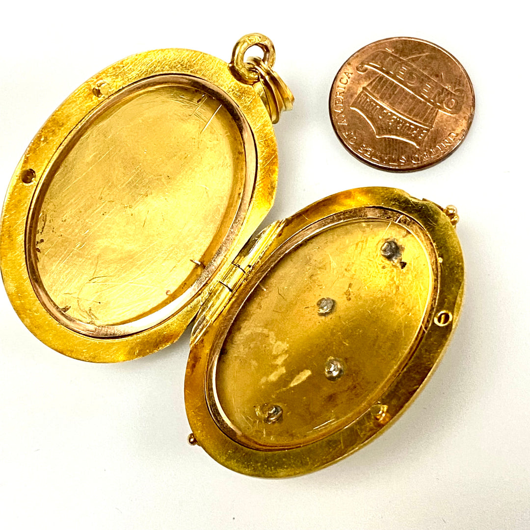 u880 Vintage 14k Yellow Gold Blue Turquoise Elegant Oval Pendant Locket Picture