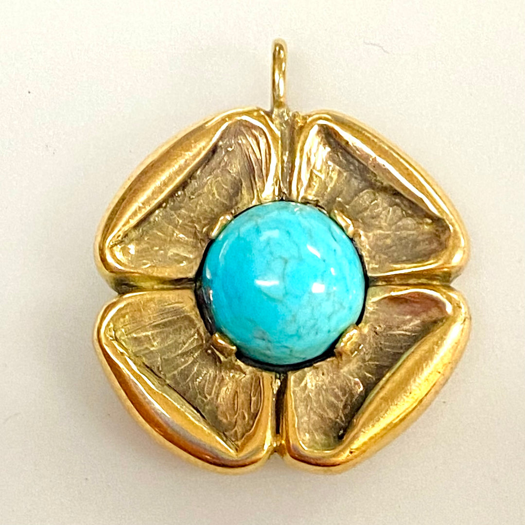u893 Vintage 14k Yellow Gold Flower Blue Turquoise Pendant Charm