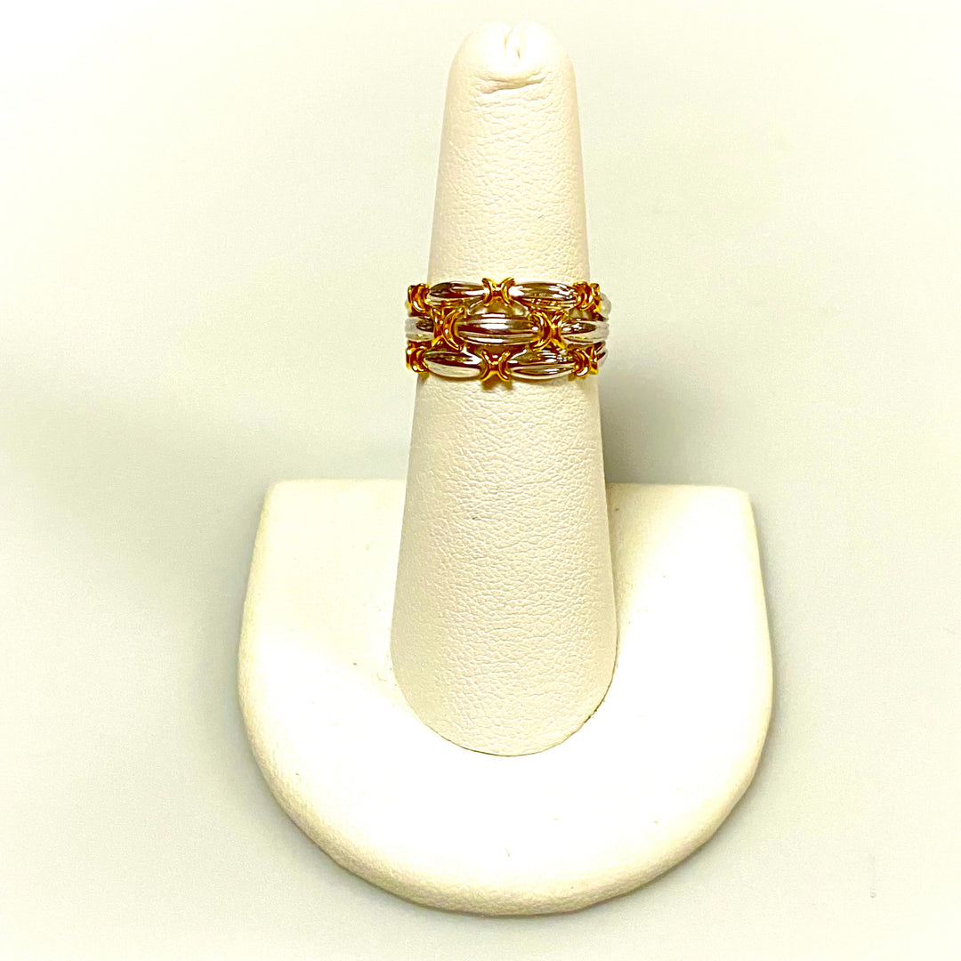 u898 Vintage 18K White Yellow Gold 3 Row Ribbon Ring Ring Size 6