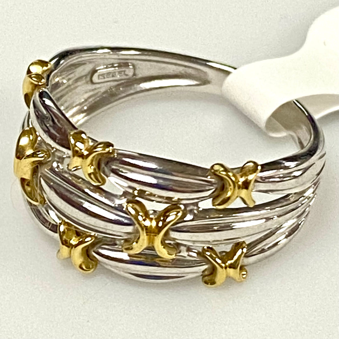 u898 Vintage 18K White Yellow Gold 3 Row Ribbon Ring Ring Size 6