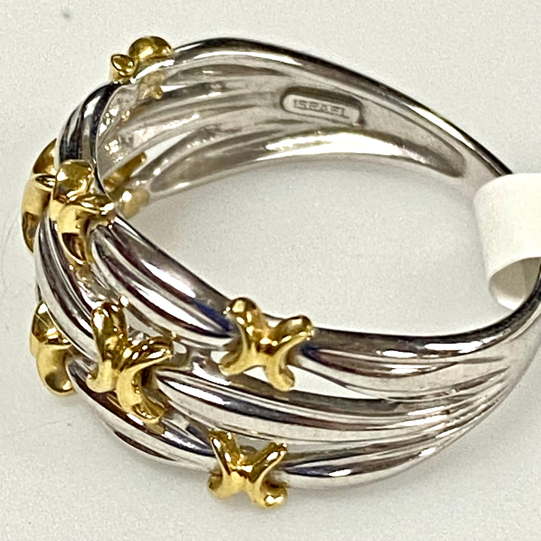 u898 Vintage 18K White Yellow Gold 3 Row Ribbon Ring Ring Size 6