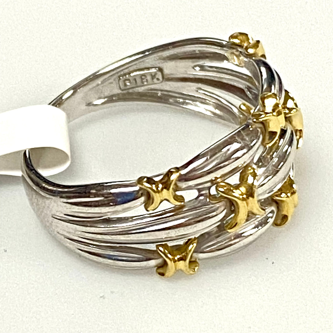 u898 Vintage 18K White Yellow Gold 3 Row Ribbon Ring Ring Size 6
