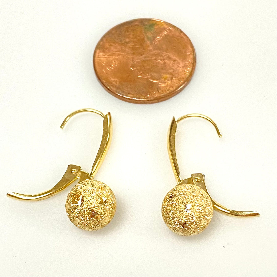 u907 Vintage Classic 14K Yellow Gold 8mm Stardust Ball Dangling Earrings