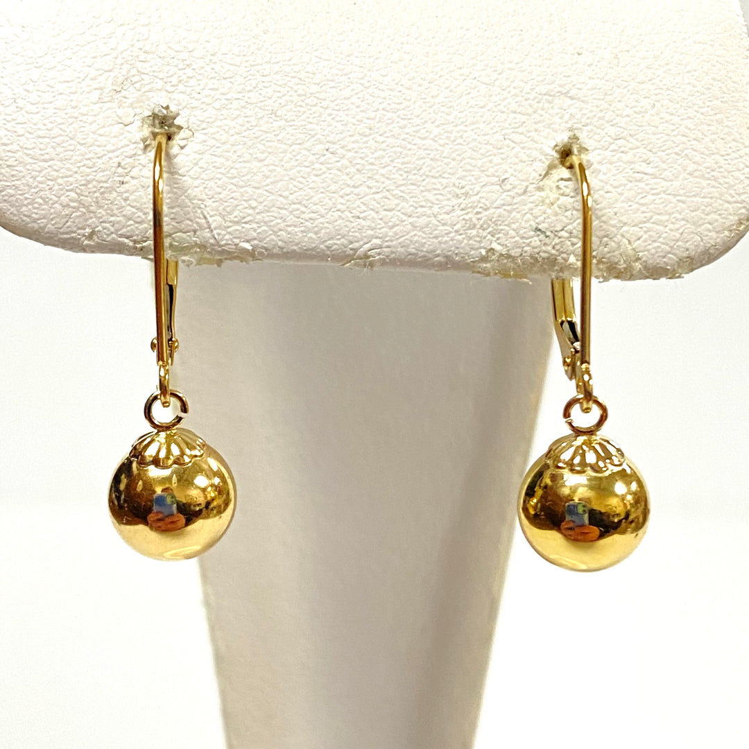 u914 Vintage Classic 14K Yellow Gold 8mm Ball Dangling Earrings