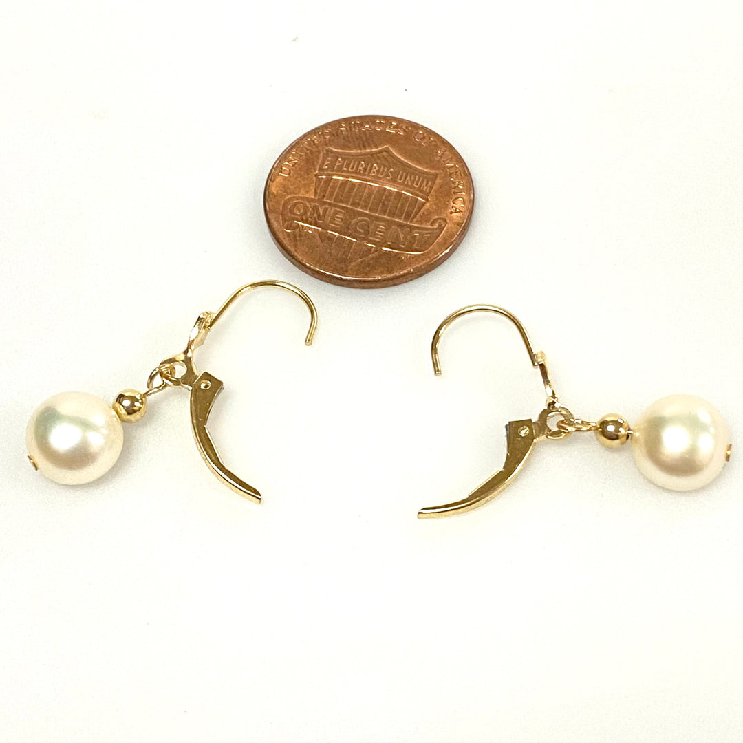 u915 Vintage Classic 14K Yellow Gold 8mm Pearl Bead Dangling Earrings