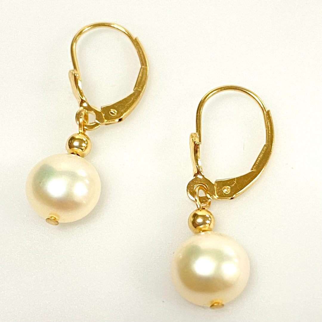 u915 Vintage Classic 14K Yellow Gold 8mm Pearl Bead Dangling Earrings