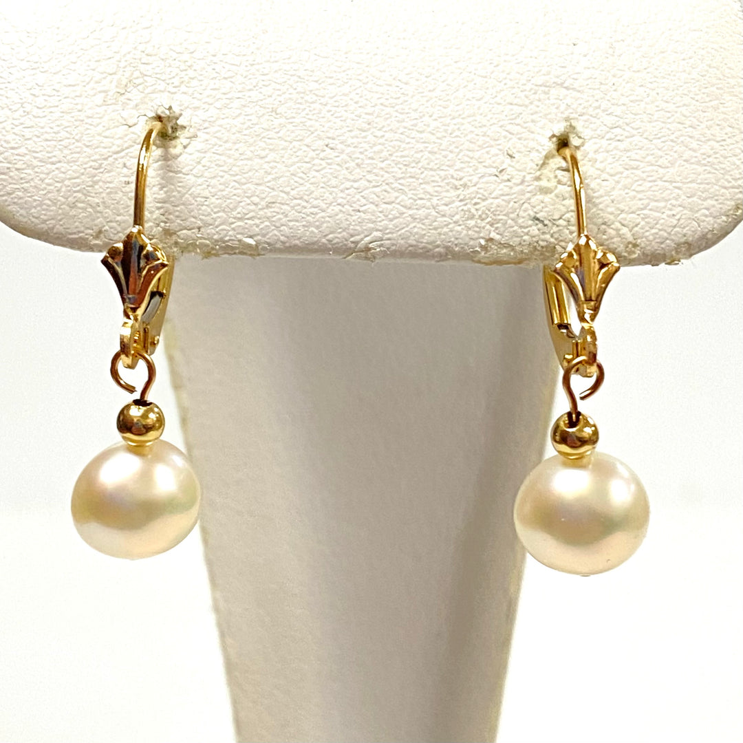 u915 Vintage Classic 14K Yellow Gold 8mm Pearl Bead Dangling Earrings
