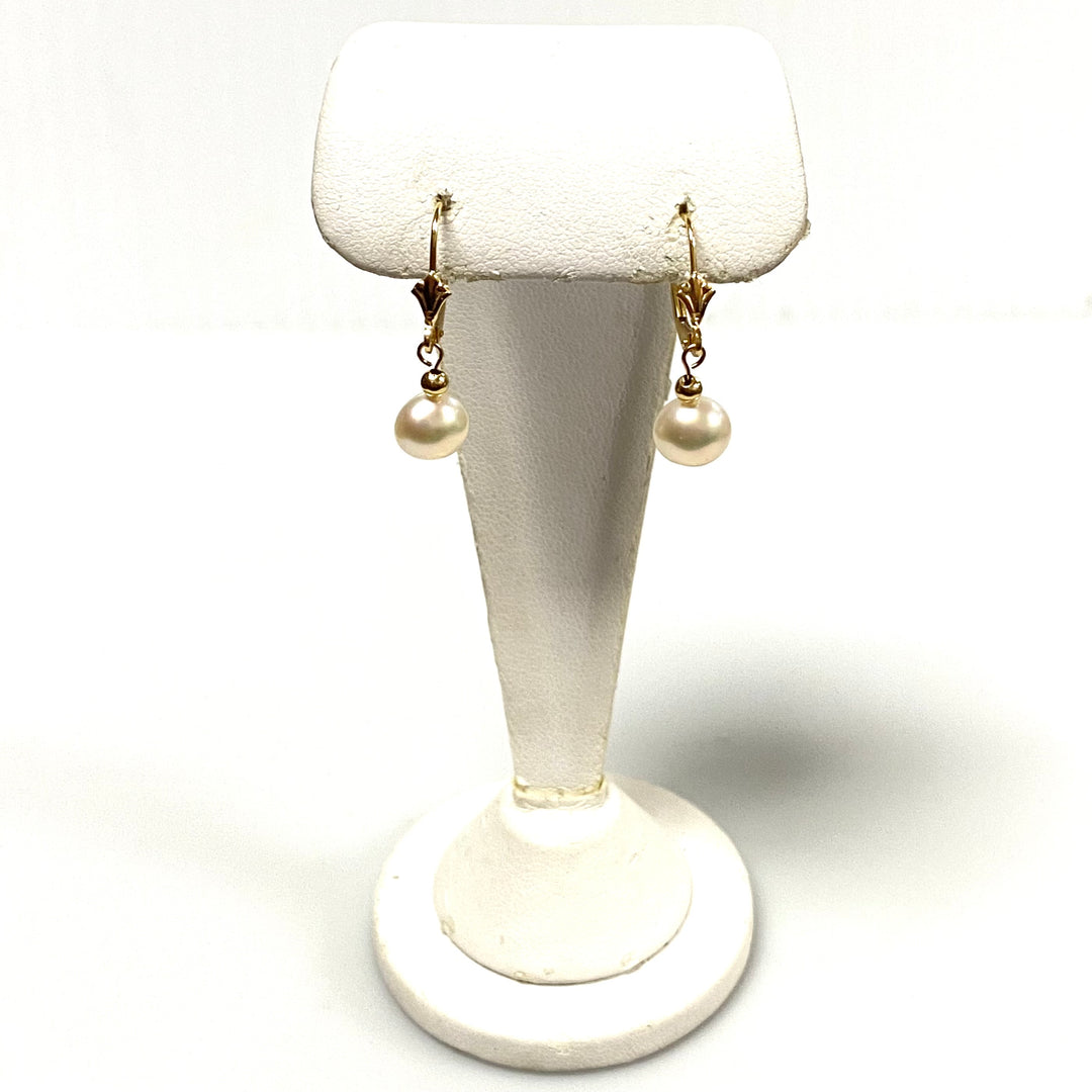 u915 Vintage Classic 14K Yellow Gold 8mm Pearl Bead Dangling Earrings