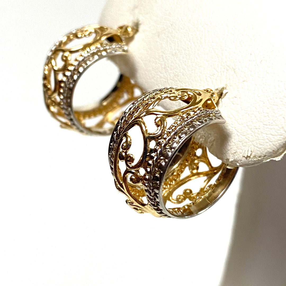 u921 Vintage Classic 14K White Yellow Two tone Filigree Hoop Dangling Earrings