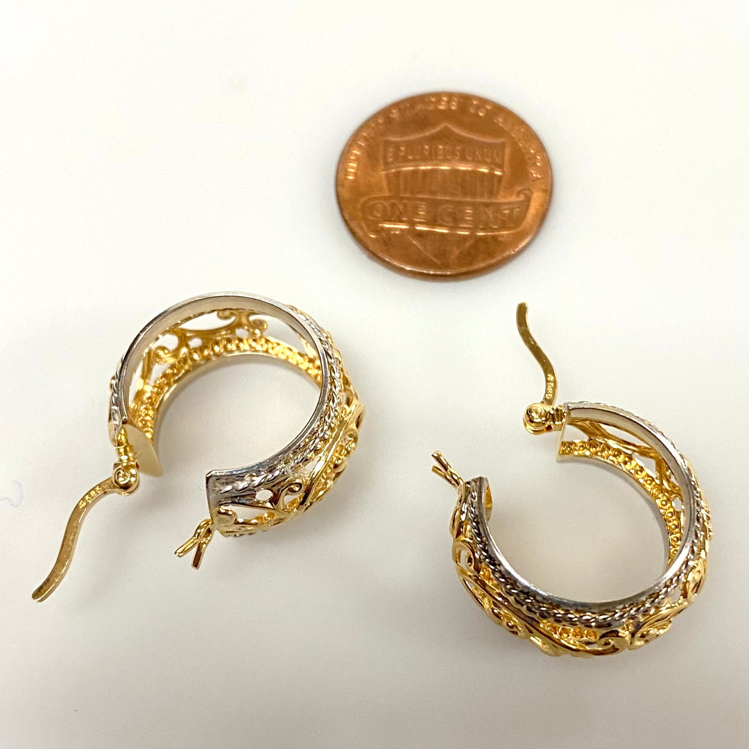 u921 Vintage Classic 14K White Yellow Two tone Filigree Hoop Dangling Earrings
