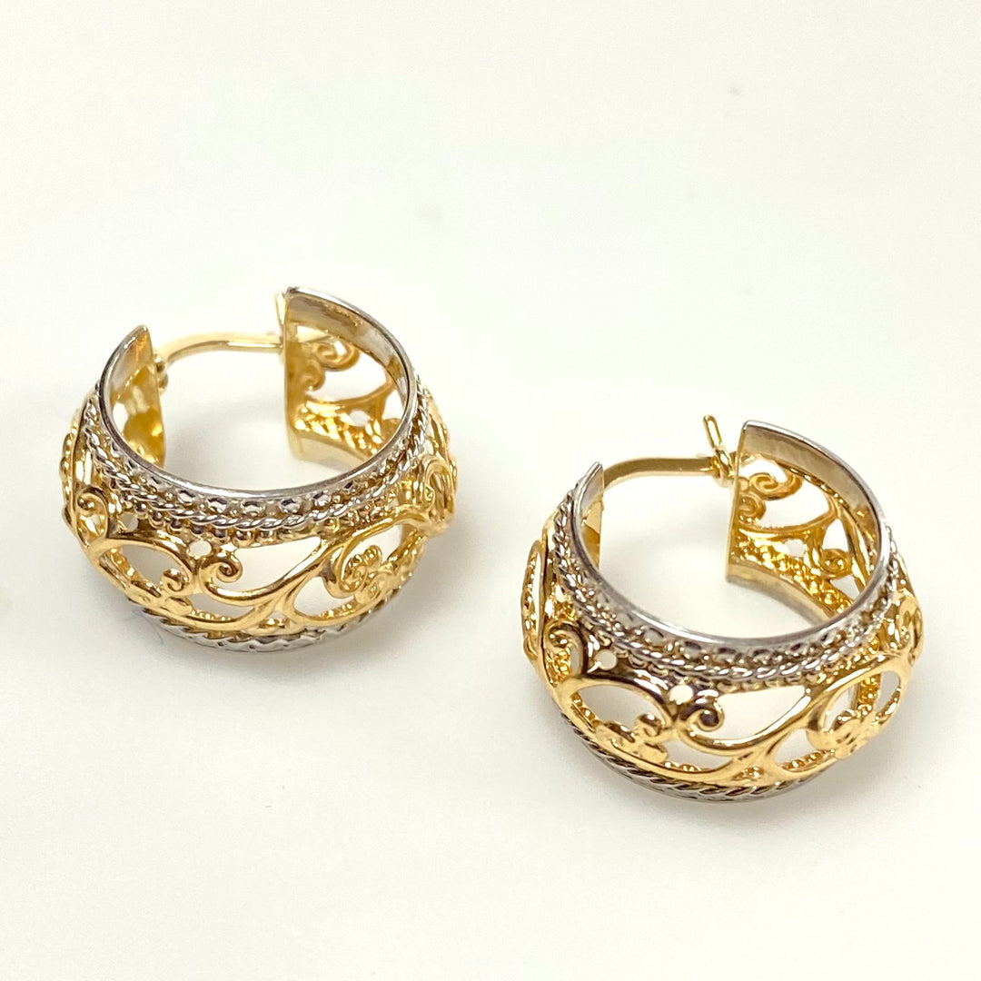 u921 Vintage Classic 14K White Yellow Two tone Filigree Hoop Dangling Earrings