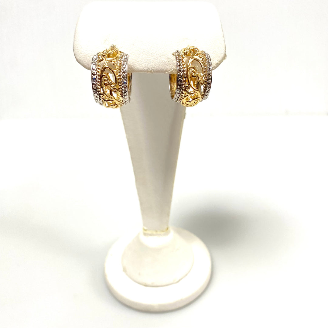 u921 Vintage Classic 14K White Yellow Two tone Filigree Hoop Dangling Earrings