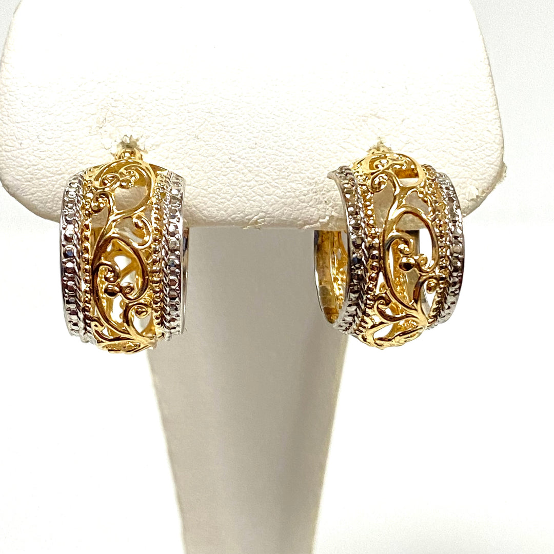 u921 Vintage Classic 14K White Yellow Two tone Filigree Hoop Dangling Earrings