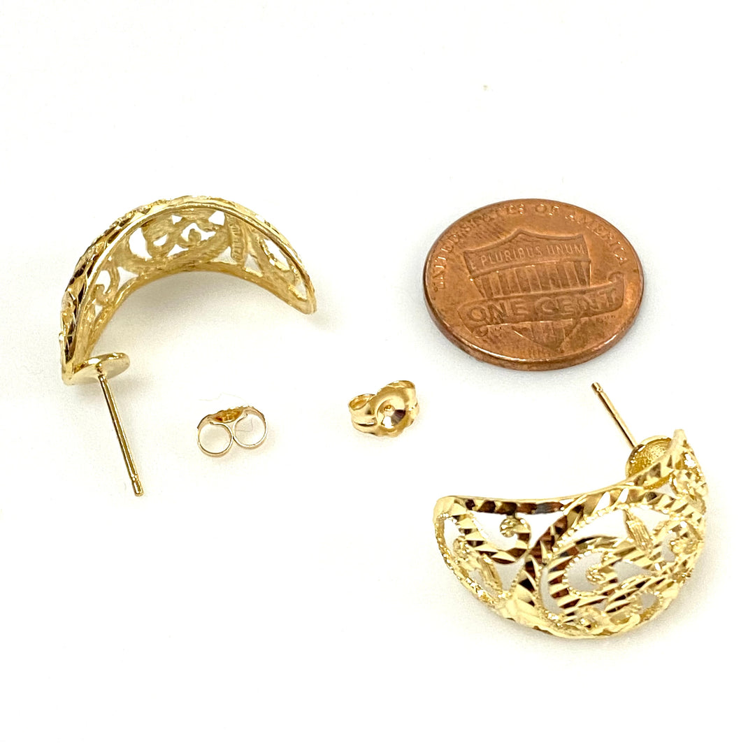 u922 Vintage 14K 585 Yellow Gold Crescent Diamond Cut Filigree Dangle Earrings