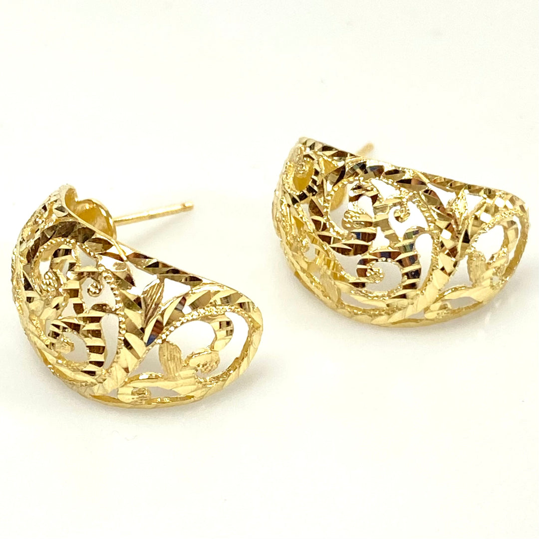 u922 Vintage 14K 585 Yellow Gold Crescent Diamond Cut Filigree Dangle Earrings