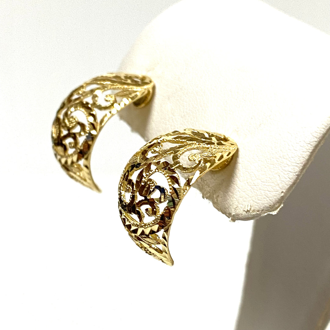 u922 Vintage 14K 585 Yellow Gold Crescent Diamond Cut Filigree Dangle Earrings