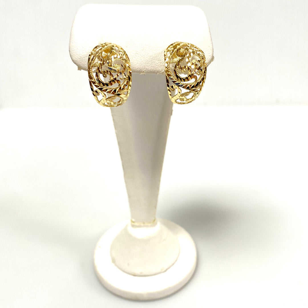 u922 Vintage 14K 585 Yellow Gold Crescent Diamond Cut Filigree Dangle Earrings