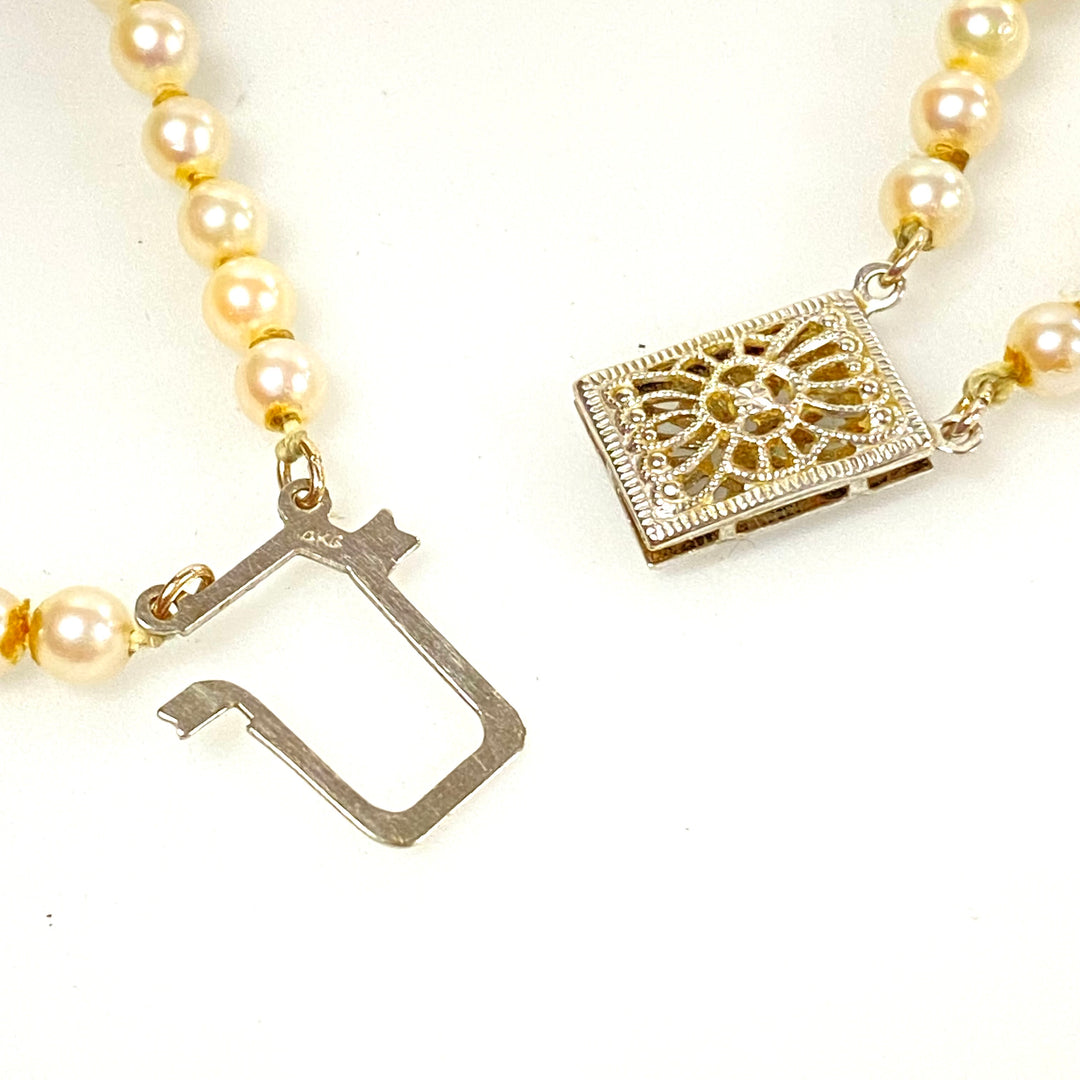 u929 Vintage 3mm-7mm Natural Pearl 14K White Gold Lock Necklace 16"-17" Long