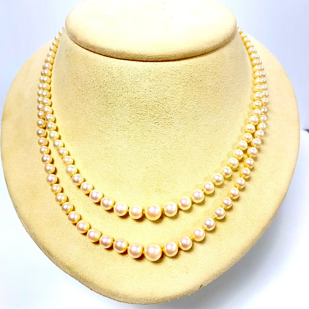 u929 Vintage 3mm-7mm Natural Pearl 14K White Gold Lock Necklace 16"-17" Long