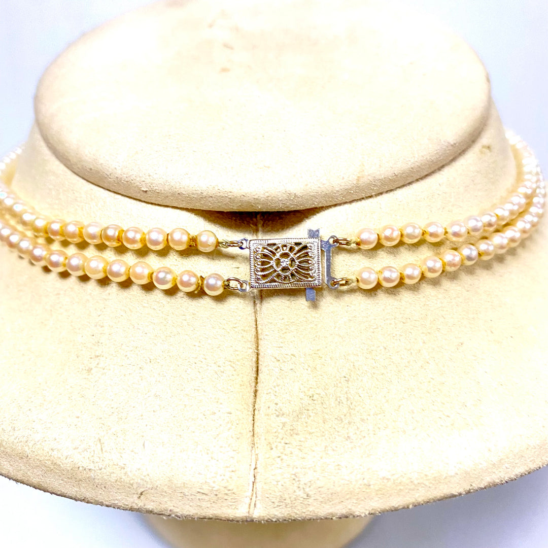 u929 Vintage 3mm-7mm Natural Pearl 14K White Gold Lock Necklace 16"-17" Long
