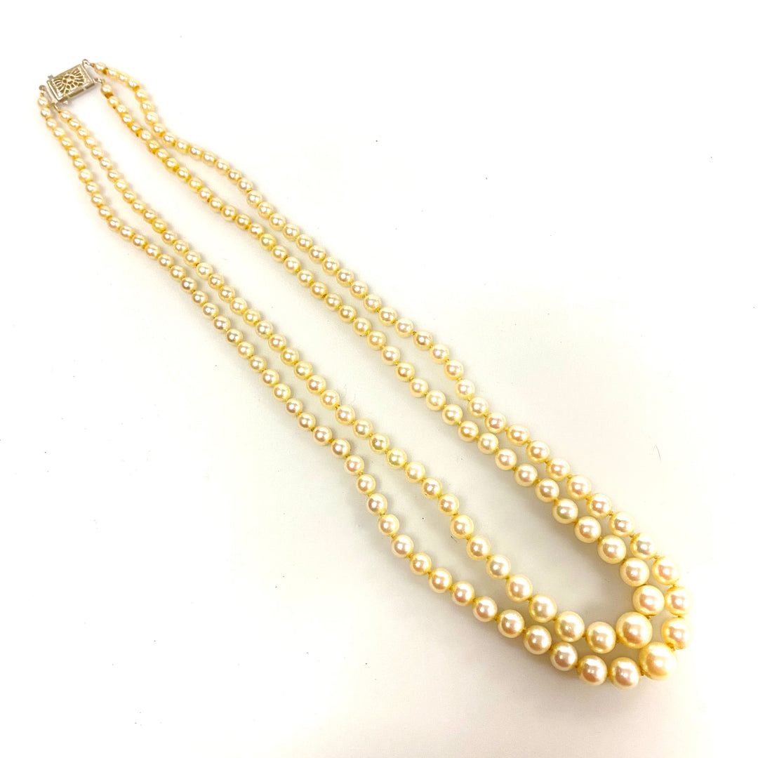 u929 Vintage 3mm-7mm Natural Pearl 14K White Gold Lock Necklace 16"-17" Long