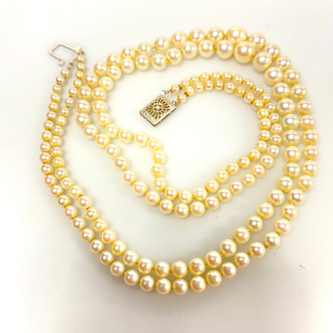 u929 Vintage 3mm-7mm Natural Pearl 14K White Gold Lock Necklace 16"-17" Long