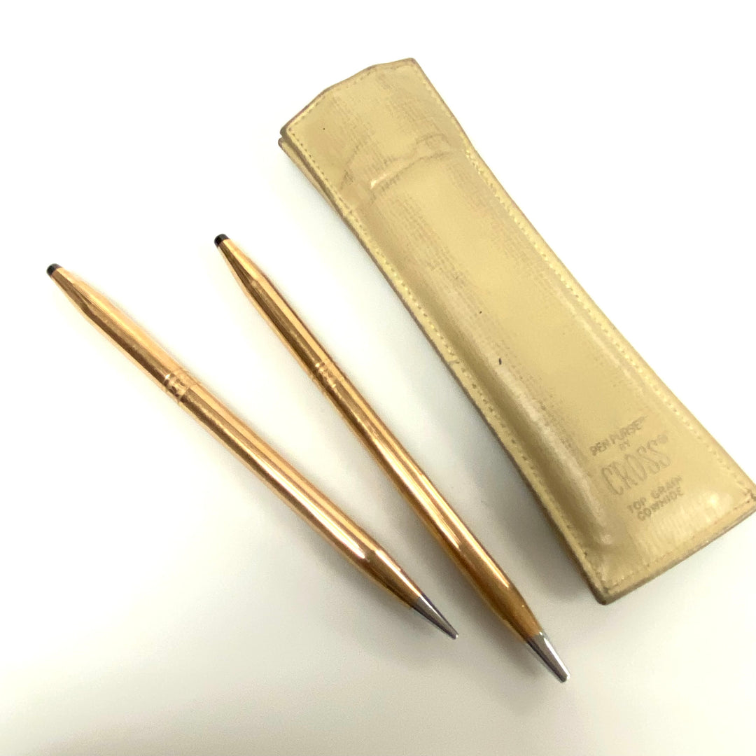 u930 Vintage CROSS Gold Tone Ballpoint Pen & Pencil Set Original Leather Case