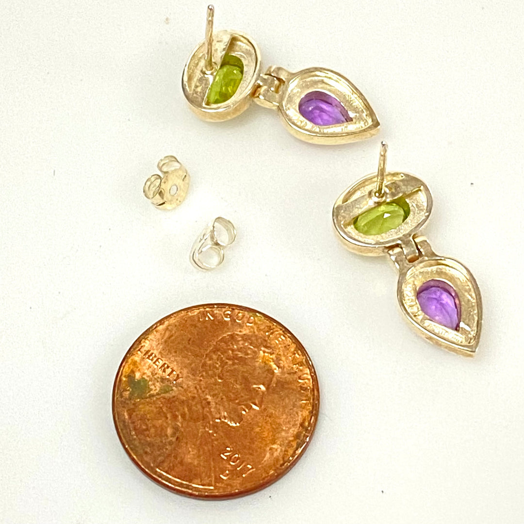 u934 Vintage Classic Sterling Silver 925 Dangle Earrings Green Purple Stones