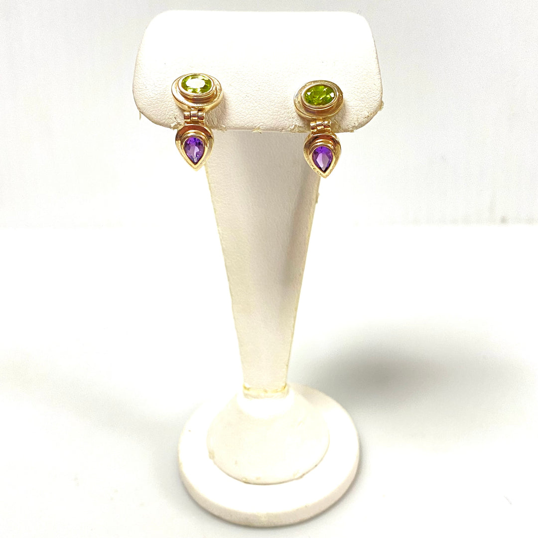 u934 Vintage Classic Sterling Silver 925 Dangle Earrings Green Purple Stones