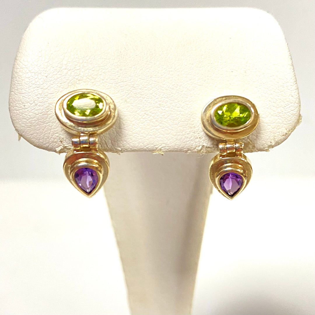 u934 Vintage Classic Sterling Silver 925 Dangle Earrings Green Purple Stones