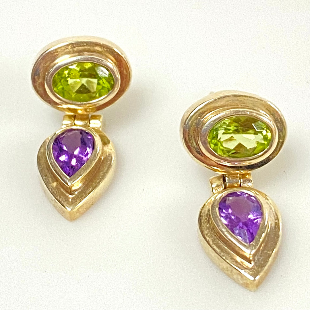 u934 Vintage Classic Sterling Silver 925 Dangle Earrings Green Purple Stones