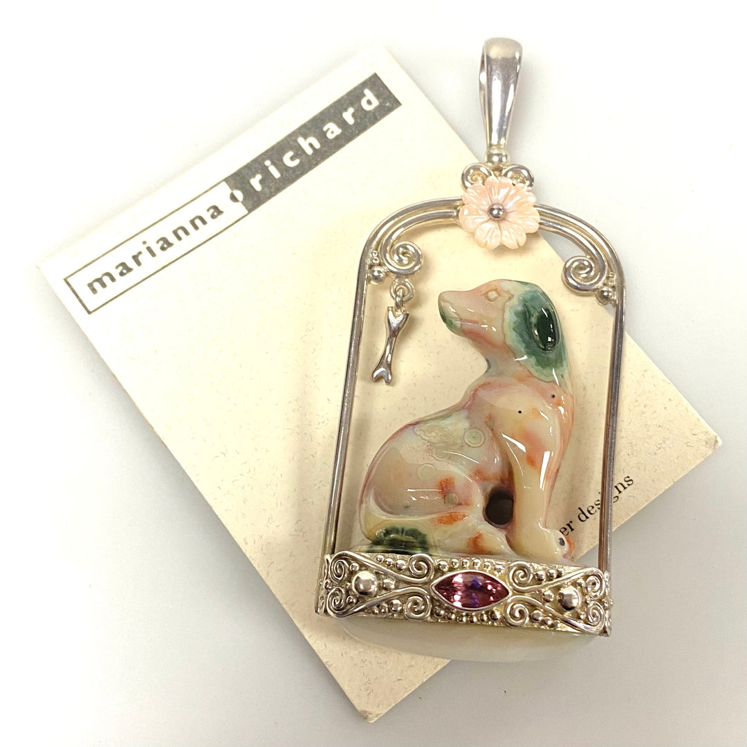 u940 Sajen 925 Sterling Silver Mother of Pearl Marble Dog Pendant Sculpture