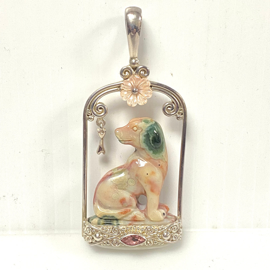 u940 Sajen 925 Sterling Silver Mother of Pearl Marble Dog Pendant Sculpture