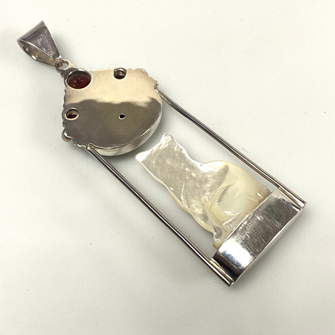 u941 Sajen 925 Sterling Mother of Pearl Russian Agate Garnets Jasper Cat Pendant