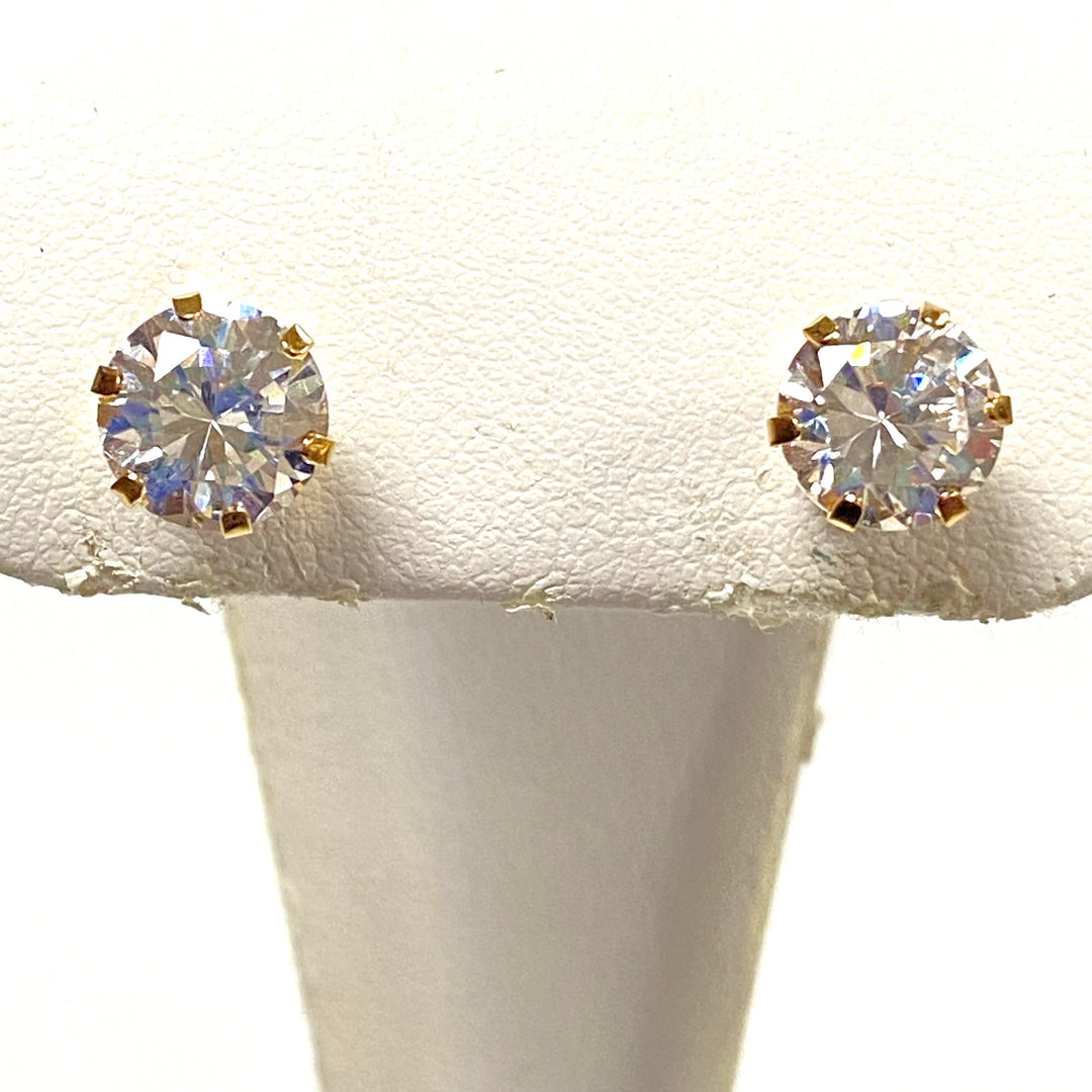 u948 Vintage 14k Yellow Gold 8mm Round Cubic Zirconia Stud Earrings