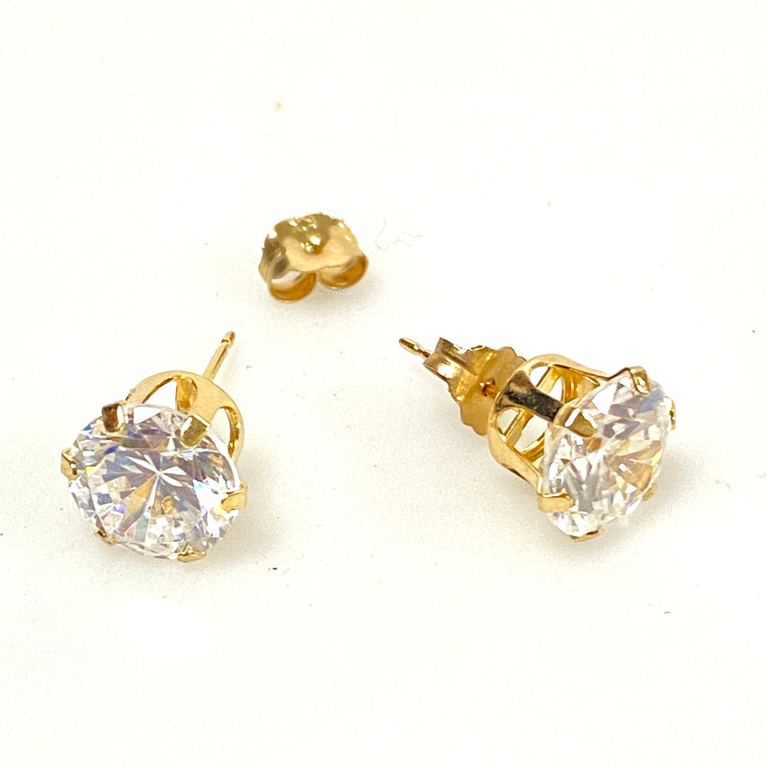 u948 Vintage 14k Yellow Gold 8mm Round Cubic Zirconia Stud Earrings