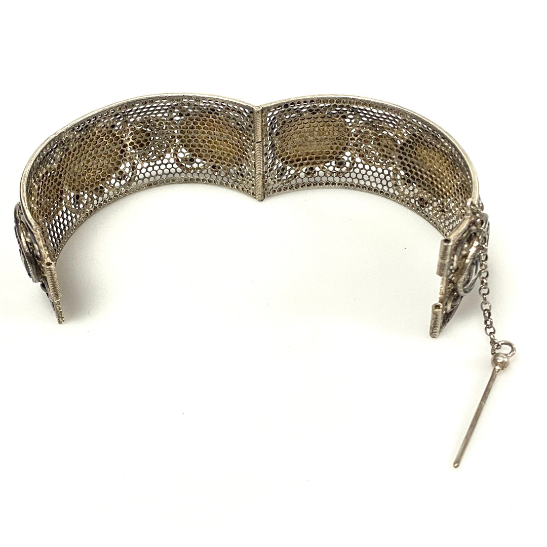 u956 Antique 925 Sterling Silver Ornate Hinged Wide Cuff Bracelet 8" Arabic