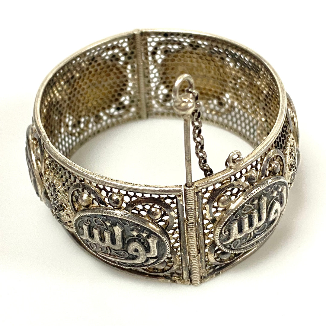 u956 Antique 925 Sterling Silver Ornate Hinged Wide Cuff Bracelet 8" Arabic