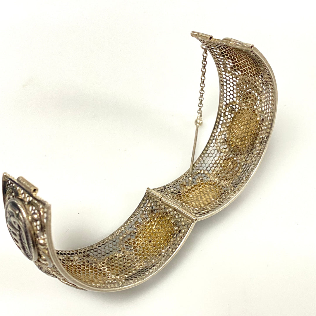 u956 Antique 925 Sterling Silver Ornate Hinged Wide Cuff Bracelet 8" Arabic