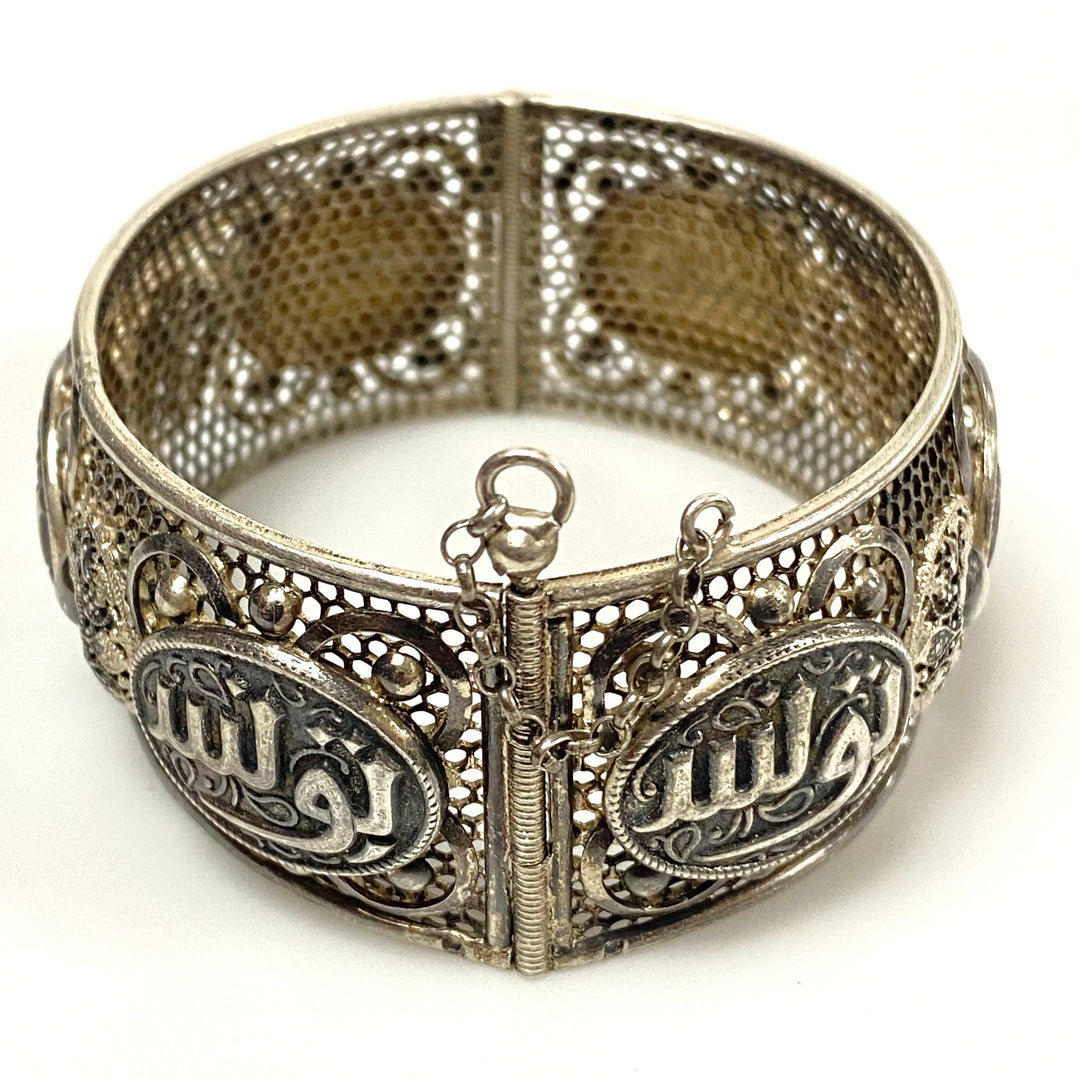 u956 Antique 925 Sterling Silver Ornate Hinged Wide Cuff Bracelet 8" Arabic