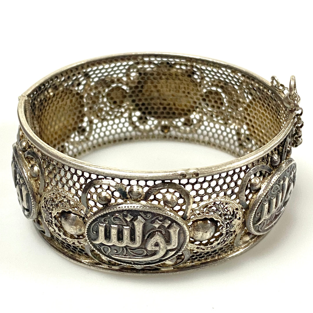 u956 Antique 925 Sterling Silver Ornate Hinged Wide Cuff Bracelet 8" Arabic