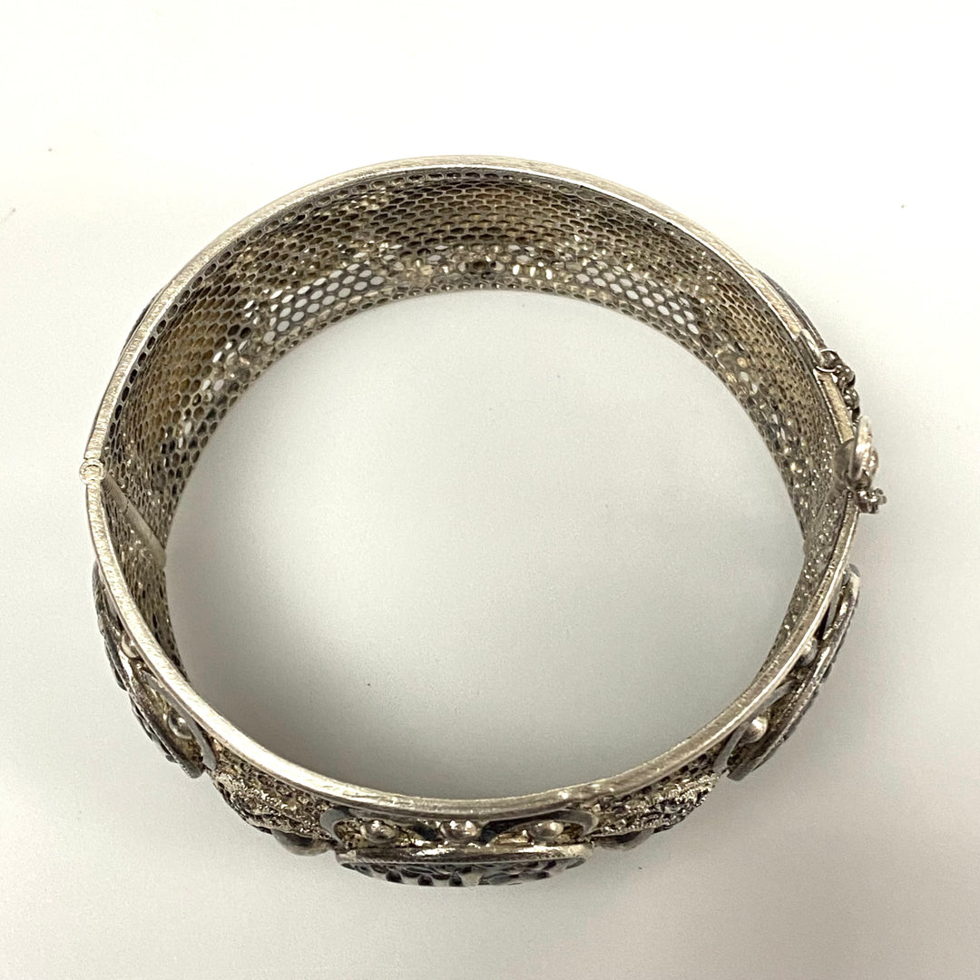 u956 Antique 925 Sterling Silver Ornate Hinged Wide Cuff Bracelet 8" Arabic