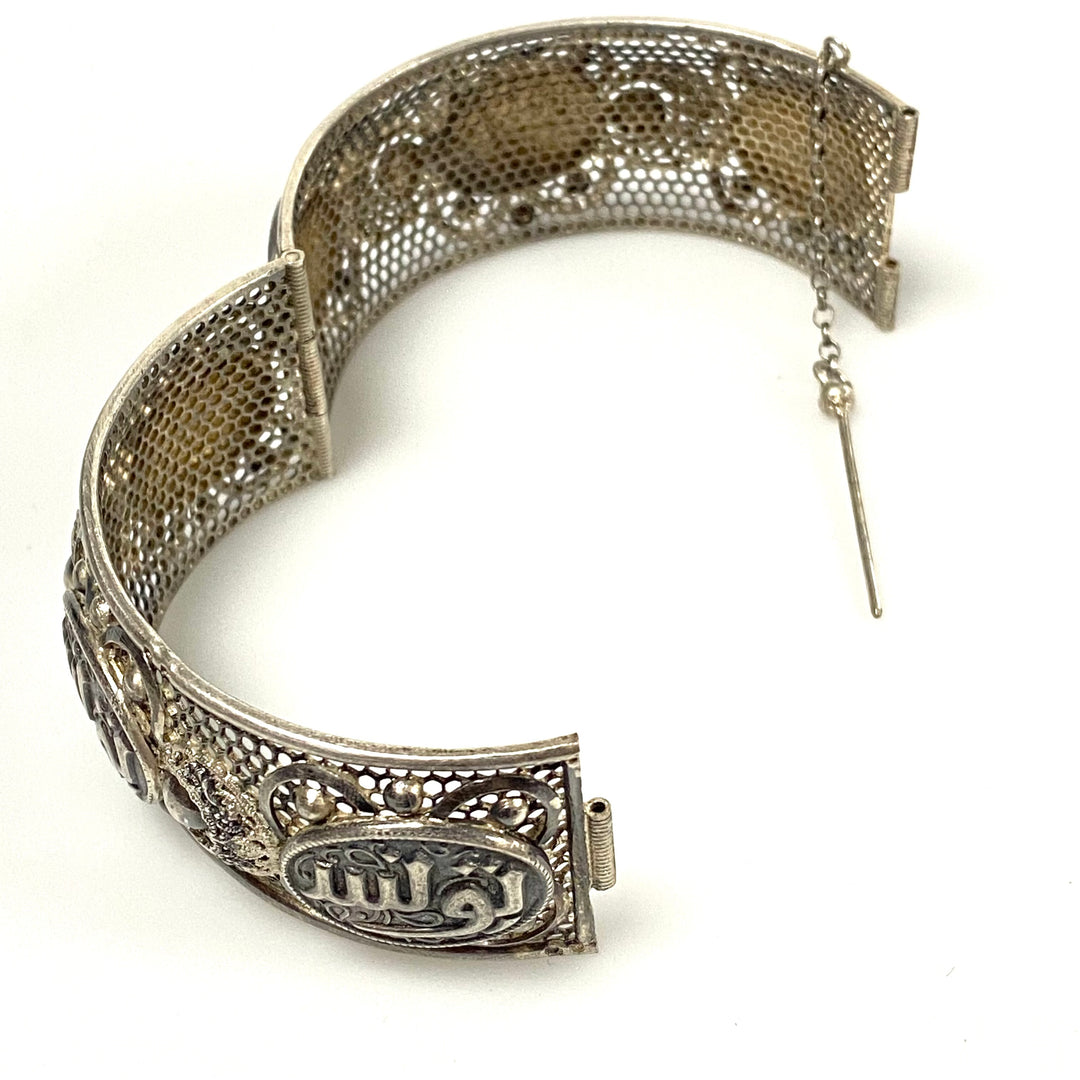 u956 Antique 925 Sterling Silver Ornate Hinged Wide Cuff Bracelet 8" Arabic